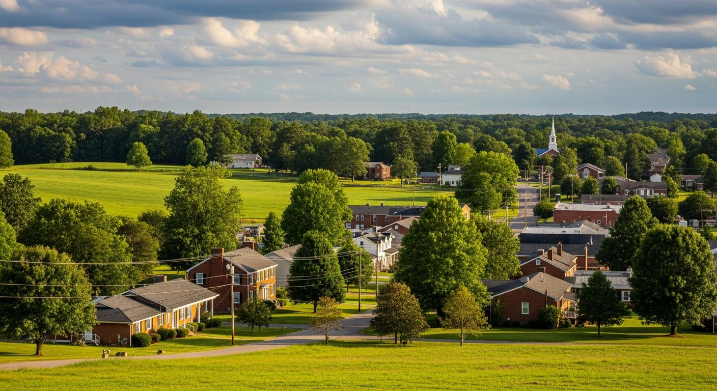 Aerial view of Great Mills, Maryland neighborhoods, green farmland, and St. Mary's County countryside