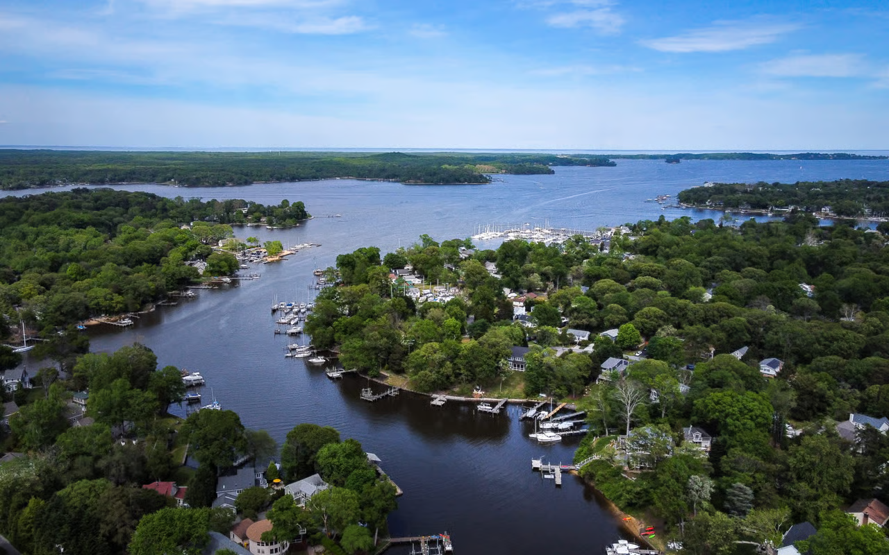 Aerial view of Hollywood, Maryland waterfront neighborhoods along the Patuxent River and surrounding creeks