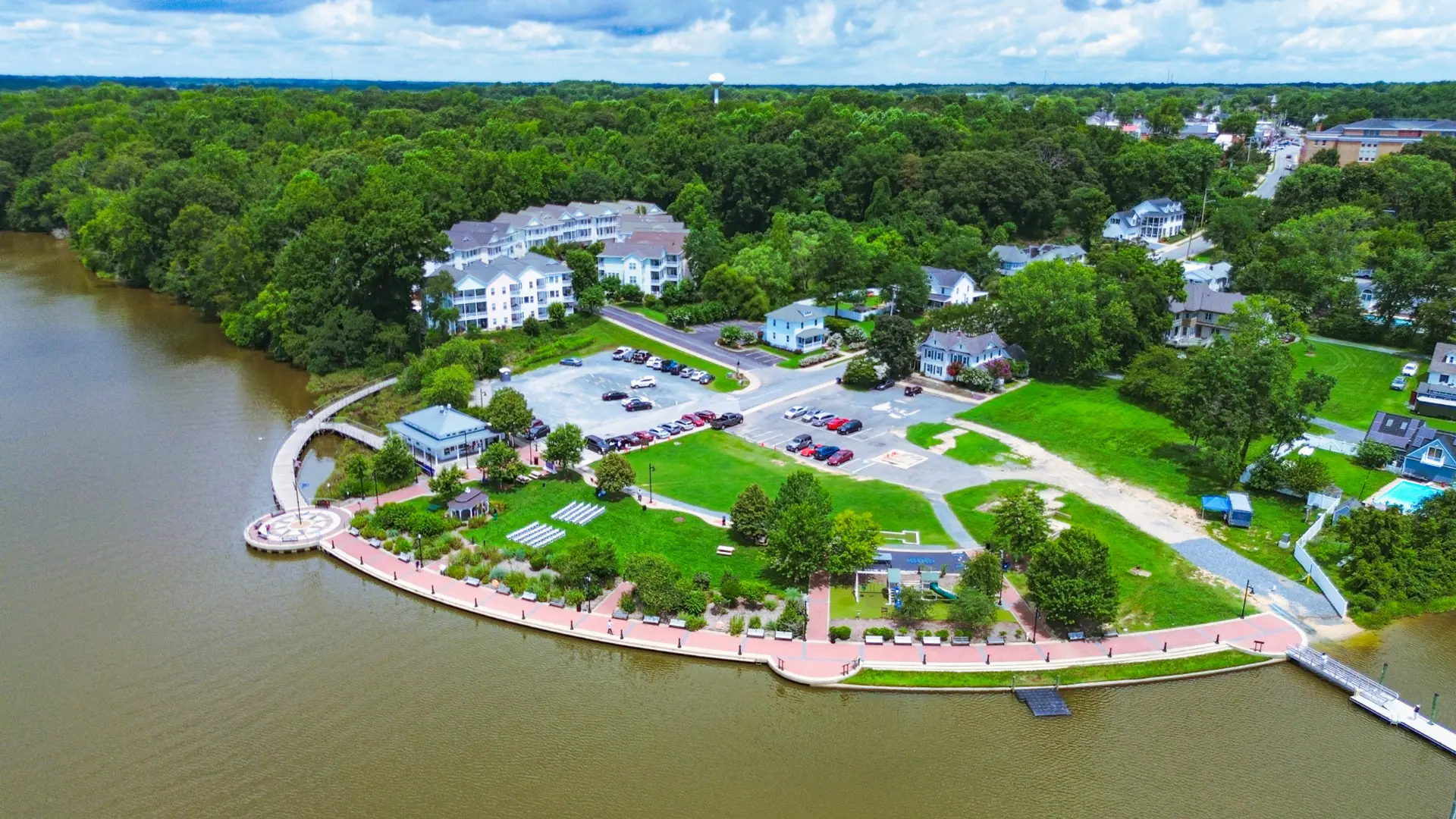 Aerial view of Leonardtown Wharf Park and Breton Bay waterfront in Southern Maryland